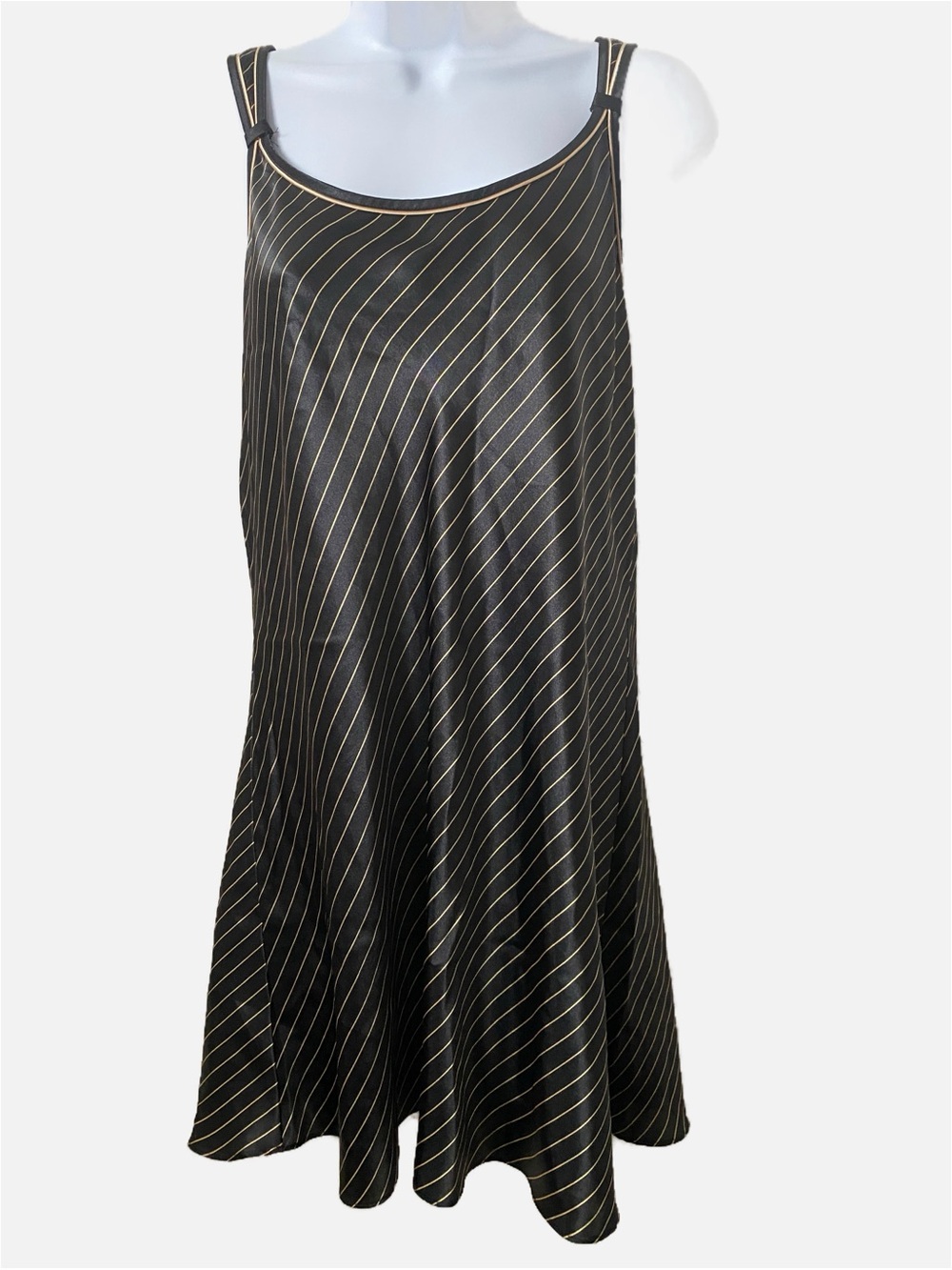Halston, Slip Dress Black Bias Cut Satin Chemise Gold Metallic Pinstripe